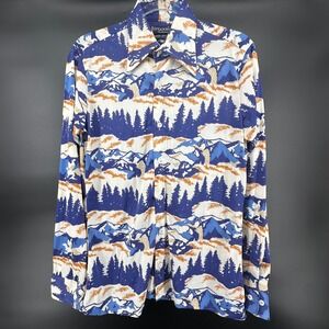 Brigade by Arrow Vintage Button-Up Shirt Blue Mountain Landscape Print Nylon
